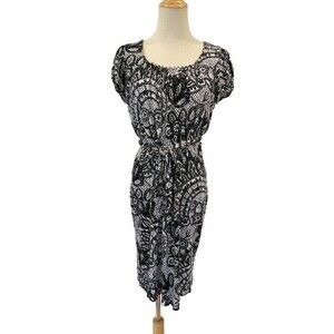 Calvin Klein Black White Dress Lace Print Small Belted Office Work Modest